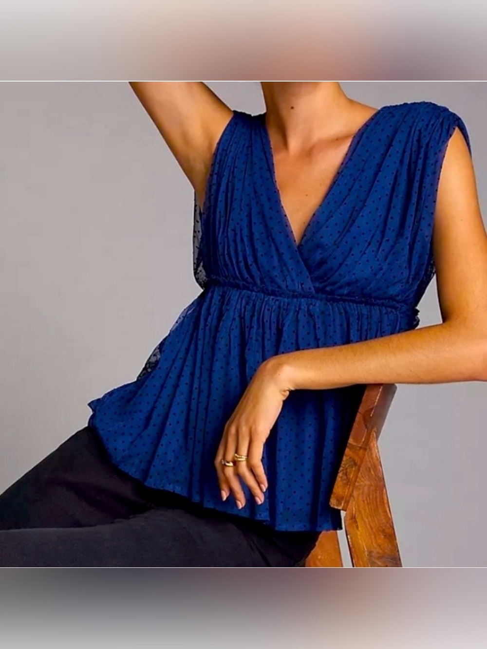 Anthropologie Navy Blue Sheer Swiss Dot Peplum Blouse